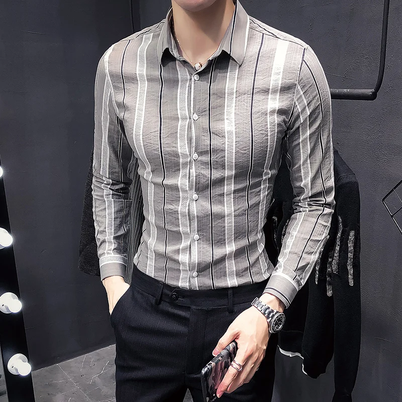 

High Quality Korean Men Shirt Brand Autumn New Slim Fit Striped Business Shirts Mens Long Sleeve Gentlemen Tuxedo Blouse Homme