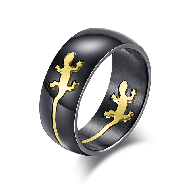 Fashion Gecko Ring for Men Black Gold Color Titanium Steel Ring Men's Finger Jewelry Gift