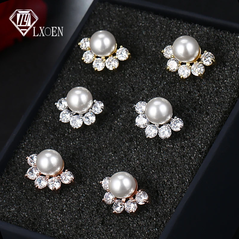 

LXOEN Druzy Round Simulated Pearl Earrings For Women Silver Color Studs Ear With AAA Zircon Stud Earrings Jewelry Gift brinco