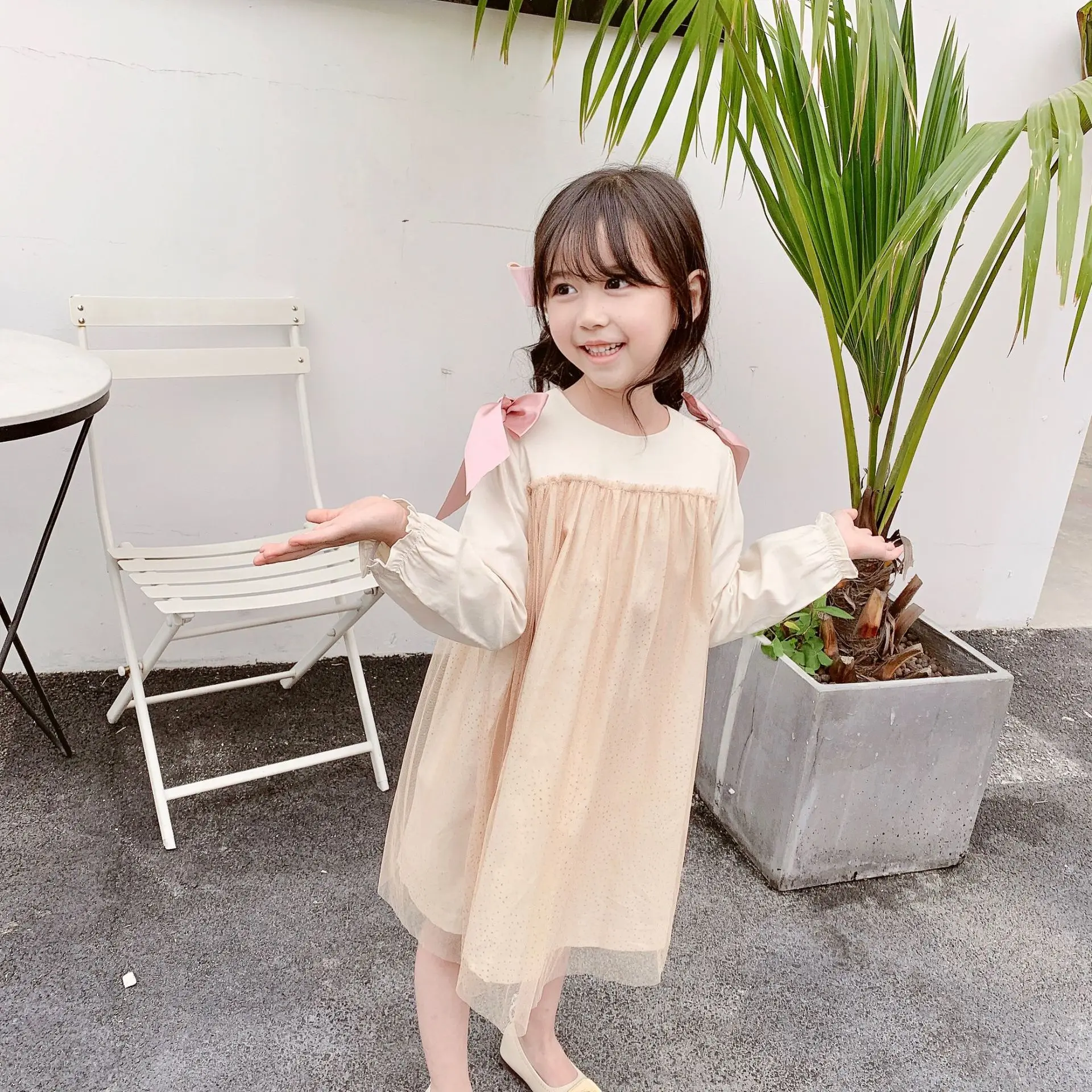 

2019 New Arrival Girls Dress Bow Voile LongSleeves Elegent princess Boutique Girls Dress 3 4 6 8 10Y Girls Clothing