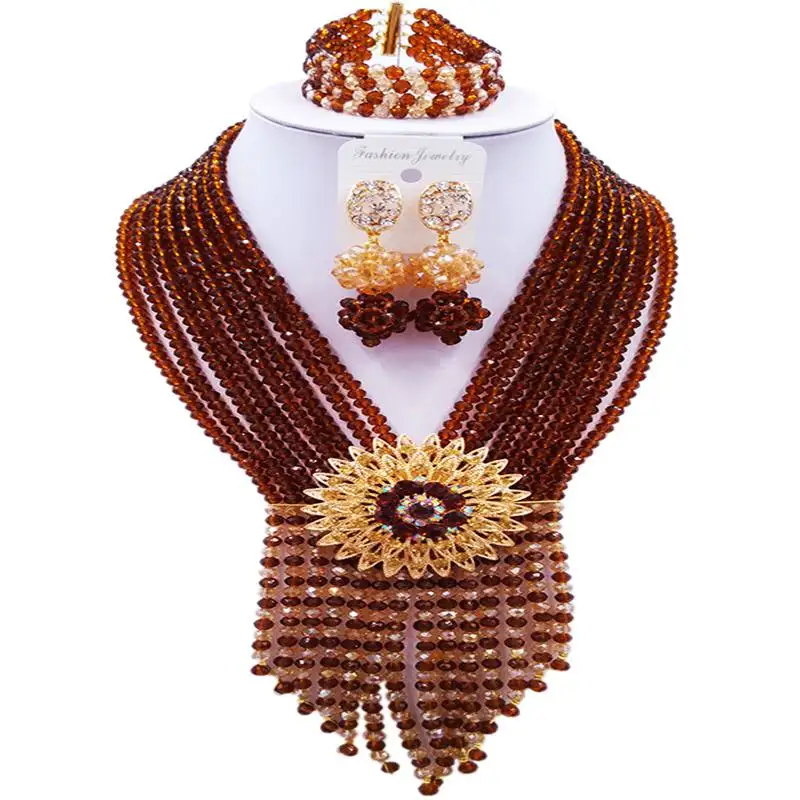 

Nice Brown Champagne Gold AB African Women Crystal Bridal Jewelry Sets 8C-SK-04