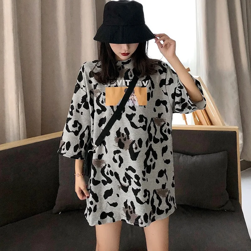 

harajuku Hip Hop Streetwear korean T-shirts Women Letter Printed Leopard Simple All-match Womens Tshirt Summer Chic Tops t shirt