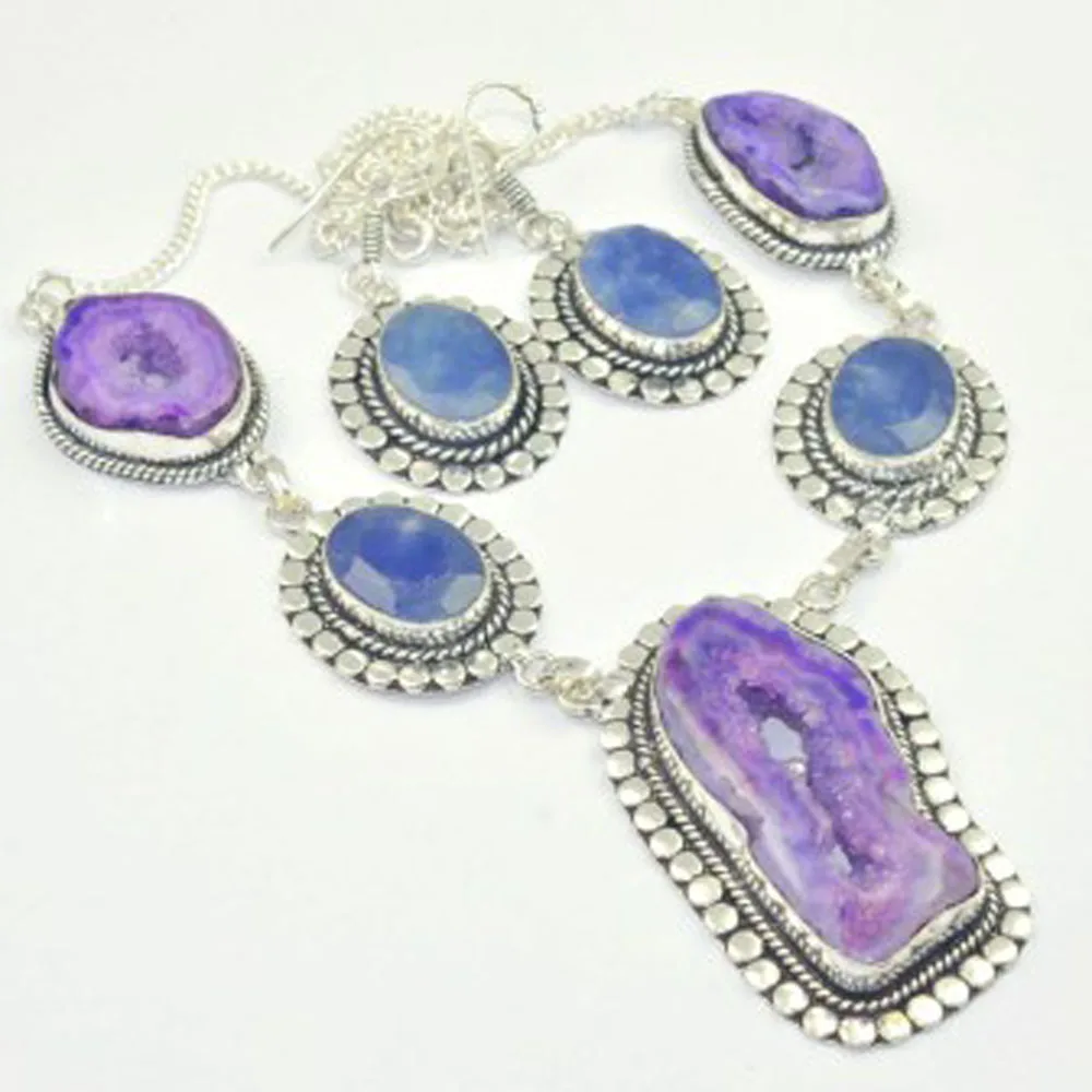 

Solar Quarts & Sapphires Necklace Earing Silver Overlay over Copper, 52cm , N3177