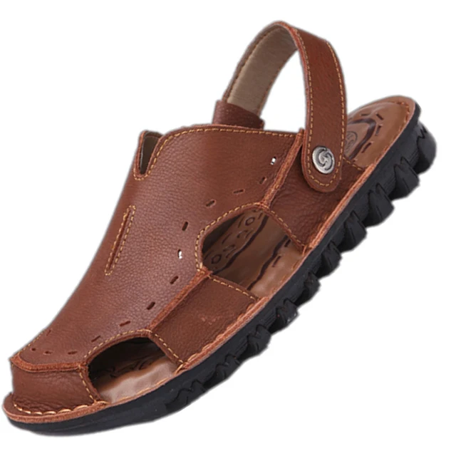 New 2016 men genuine leather closed toe gladiator sandals flat casual