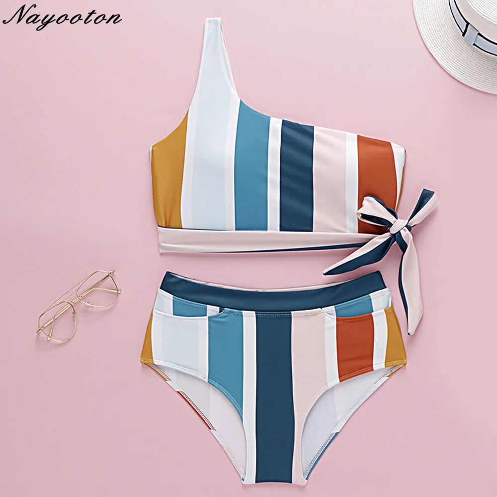 

Sexy bikini 2019 swimwear women Coloured striped swimsuit high waist One-shoulder bathing suits two piece bandeau bikini