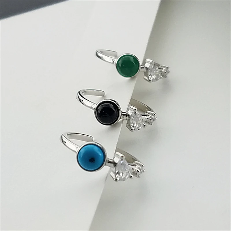 

Genuine 925 Sterling Silver Natural Gemstone Women Vintage Ring Black Onyx Agate Green Chalcedony Blue Turquoise Stone Open Ring