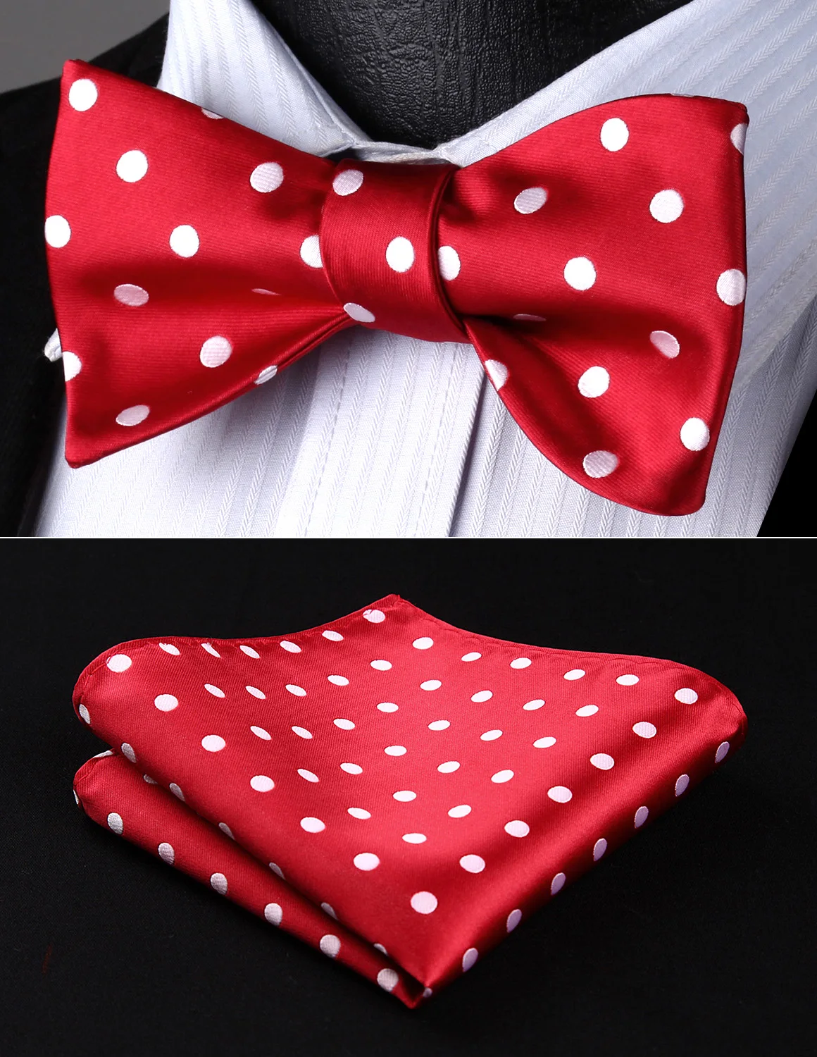 BD704RS Red White Polka Dot Bowtie Men Silk Self Bow Tie handkerchief