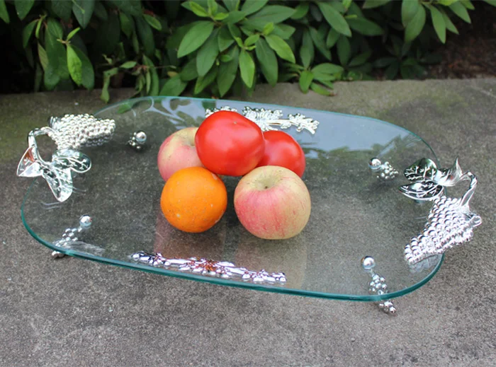 2 Pieces Wholesale Tempered Glass Plate with Metal Handle 4 types for