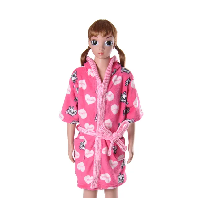 Children's Pink Bathrobe Soft Coral Fleece Cartoon Cat Marie Loving