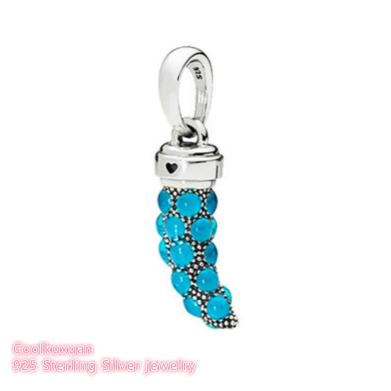 

2018 Summer 100% 925 Sterling Silver blue Italian Horn Necklace Pendant, blue Enamel Beads Fit Original Pandora Charms Bracelet