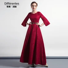 S-XXXL de La Vendimia Jacquard de Las Mujeres Plisado Oscilación Maxi Partido Vestido de Noche Rojo Más El Tamaño 2/3 de La Manga Vestidos Largos de Lujo Bata DH1017
