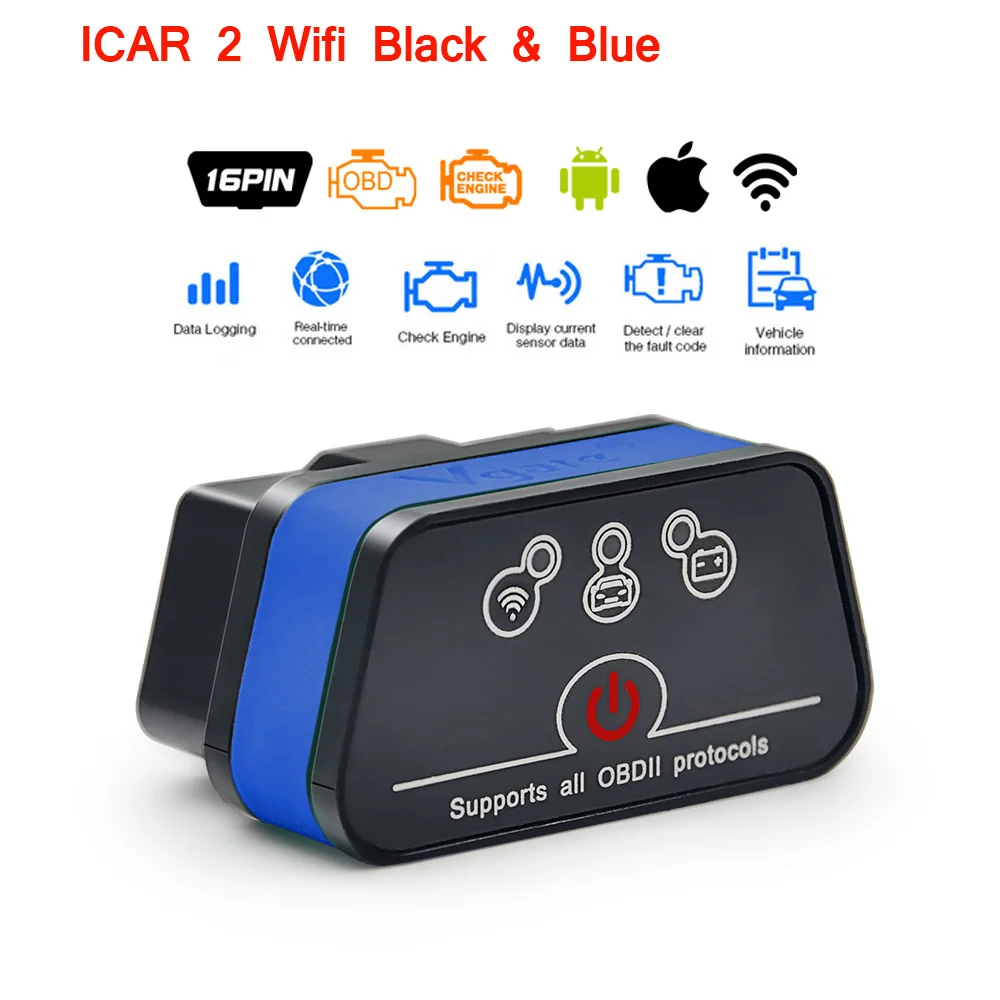 Vgate icar2 Bluetooth/Wifi OBD2 диагностический инструмент ELM327 Bluetooth/wifi OBD 2 сканер Мини ELM327 для android/PC/IOS считыватель кодов - Цвет: Icar2 WIFI blue