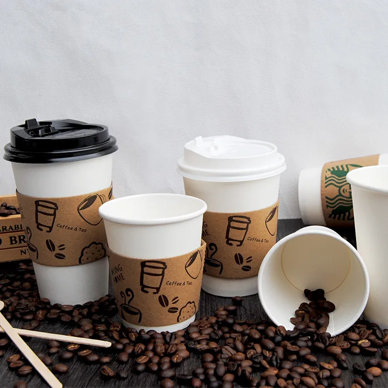 

50pcs White disposable coffee cup hot drink milk tea thick paper cup party favor creative cup with cover and kraft paper sleeve
