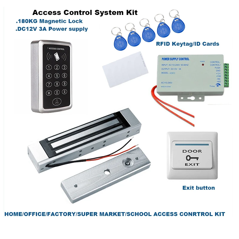 

180KG EM Lock Home Office Access Control System Kit Power Supply Release Button RFID Card Keyfob Password DIY 5sets/Lot