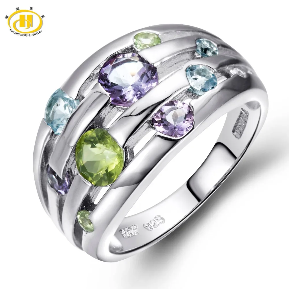 Hutang Natural Peridot Amethyst Blue Topaz Solid 925 Sterling Silver font b Ring b font Colorful