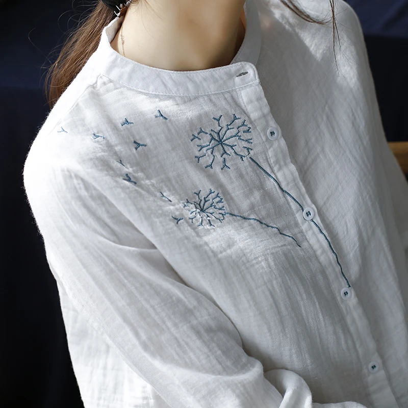 

2019 new literary embroidered stand collar shirt women single-breasted double layer cotton loose white blouse