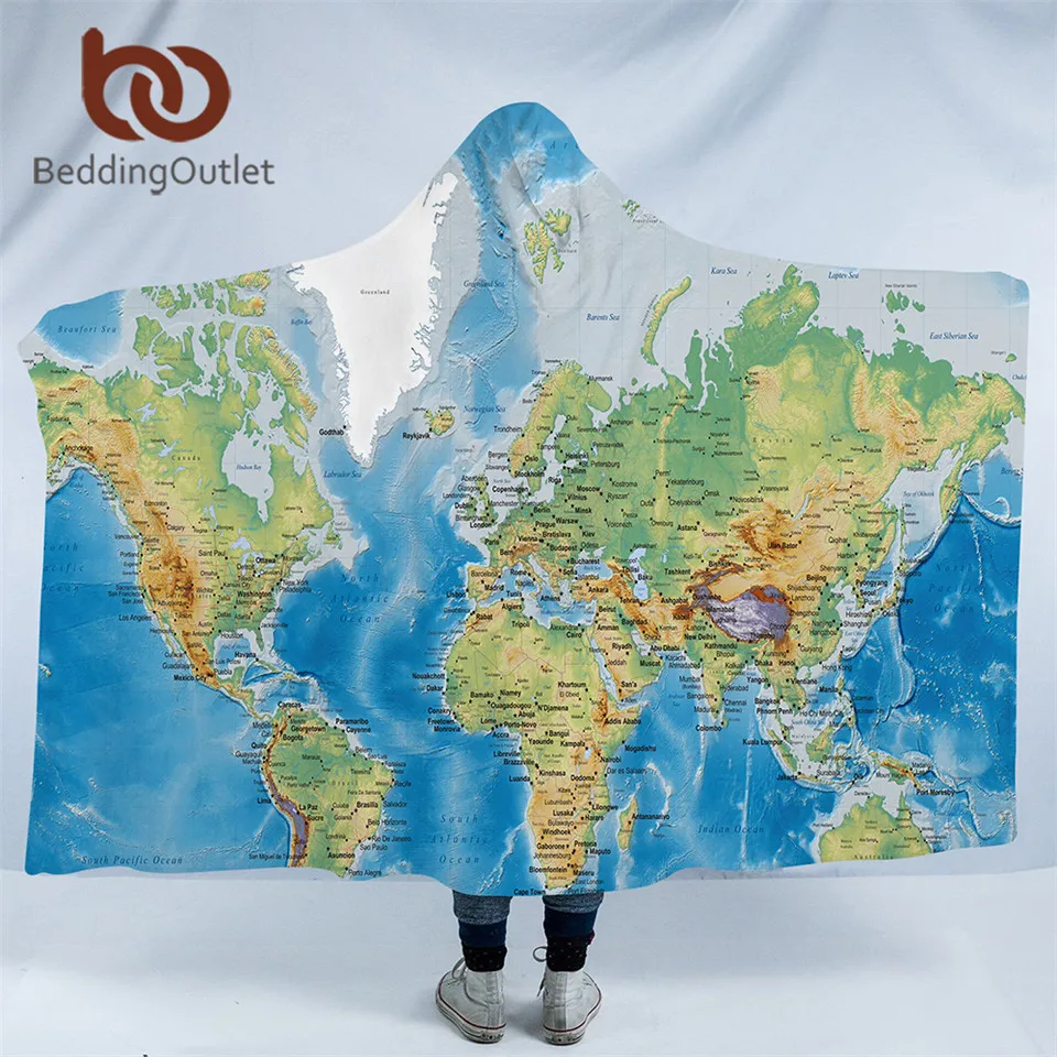 

BeddingOutlet World Map Hooded Blanket Adults Microfiber Sherpa Fleece Ocean Blue Wearable Throw Blanket on Bed Sofa 127x152cm