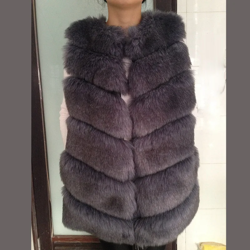 Новое поступление, зимнее искусственное черное пальто, женский розовый меховой жилет, высококачественное пальто из искусственного меха, Женский Длинный жилет из лисьего меха, PC244 - Цвет: dark grey