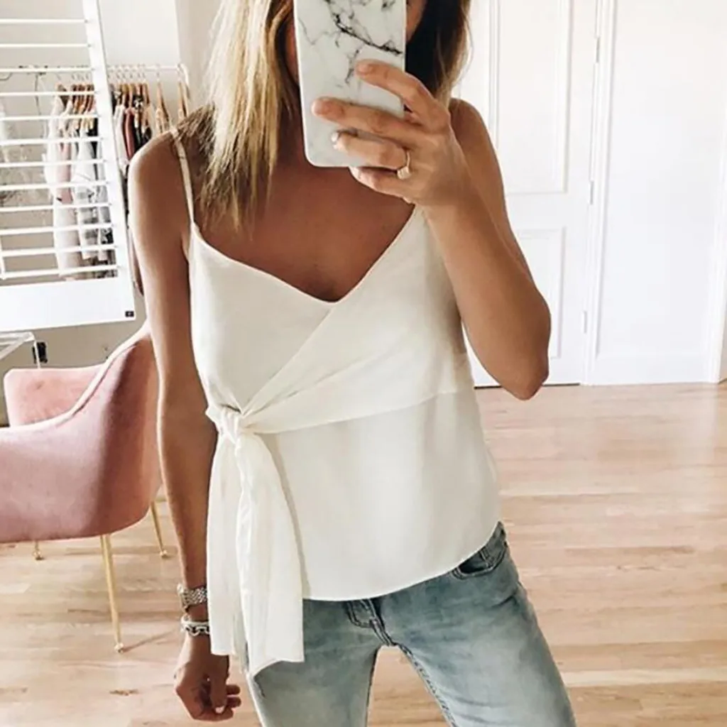 Summer Fashion Casual Ruffle Bandage Bow Camis Vest Tops V-Neck Tank Tee Women's Sleeveless Shirt Blusas Femininas Clothing | Женская