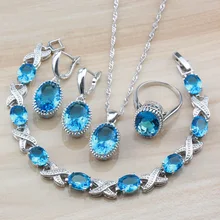 Небесно-Голубой кубический цирконий Овальный 4 шт Ювелирные наборы из 925 серебра женщин вечерние серьг и для индийского костюма/ожерелье/браслет и кольцо наборы