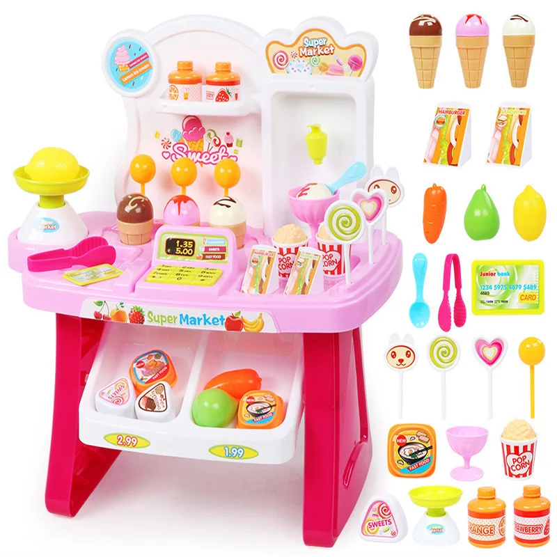 Пластиковый супермаркет кассовый аппарат Игрушка миниатюрный ролевые игры дом игрушки 34 шт. торговый Brinquedo кассовый стол POS игрушка набор для K