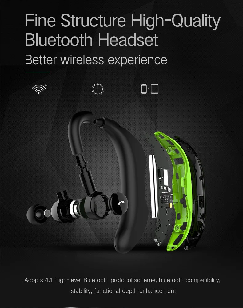 Bluetooth-гарнитура, деловые наушники V4.1Stereo с микрофоном, громкой связи звонки, музыка, ушные крючки, спортивные наушники для IPhone Xiaomi