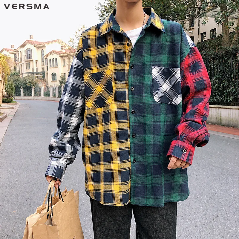 VERSMA Корейская Harajuku BF негабаритная Лоскутная клетчатая рубашка мужская Осенняя уличная хип-хоп унисекс рубашка мужская Прямая поставка