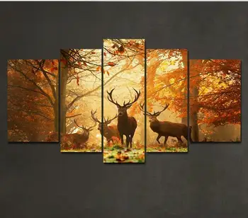 

5 Panels Brown 5 Panel Wall Art Painting Deer In Autumn Forest Pictures Prints On Canvas Animal The Picture Decor Oil For