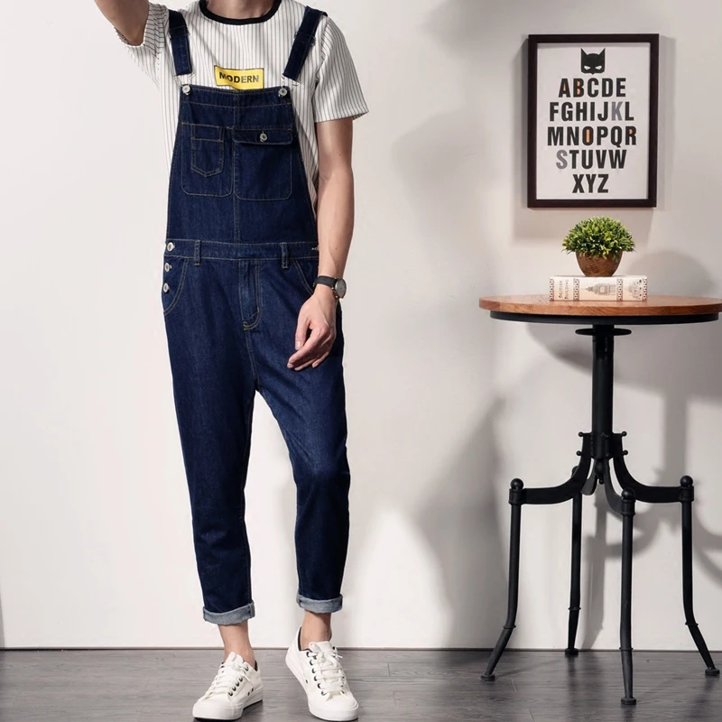 Spring and Autumn Korean Denim Overalls Men's Japanese Tooling Jumpsuit Youth Slim Couple Sling Denim trousers Size S-4XL 5XL