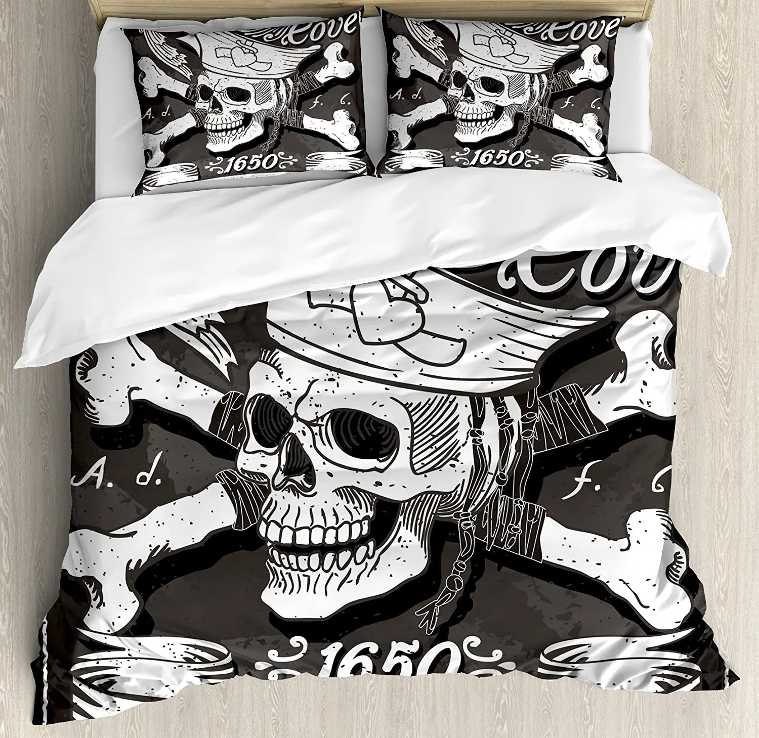 

Pirate Duvet Cover Set Pirate Cove Flag Year of 1650 Vintage Frame Crossbones Floral Swirls Hat Heart 4 Piece Bedding Set