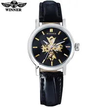 2016 GANADOR de china mujeres de la marca de relojes de lujo automático auto wind watch skeleton dial transparente de cristal caja de plata banda de cuero