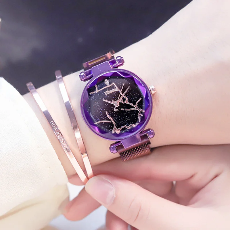 

2019 Luxury Starry Sky Women Watch Rose Gold Magnetic Buckle Mesh Band Stainless Steel Rhinestone Quartz Wristwatch Lady Watches
