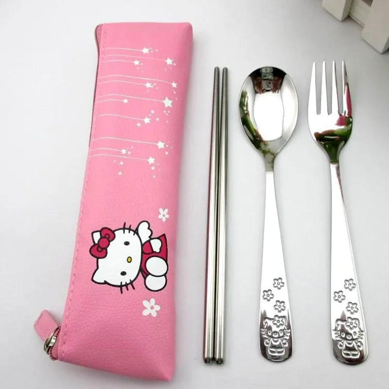 

PU leather zipper bag Cartoon Cute cat Stainless Steel chopsticks fork and spoonTravel Dinnerware Set Cutlery Fork Set For Kids