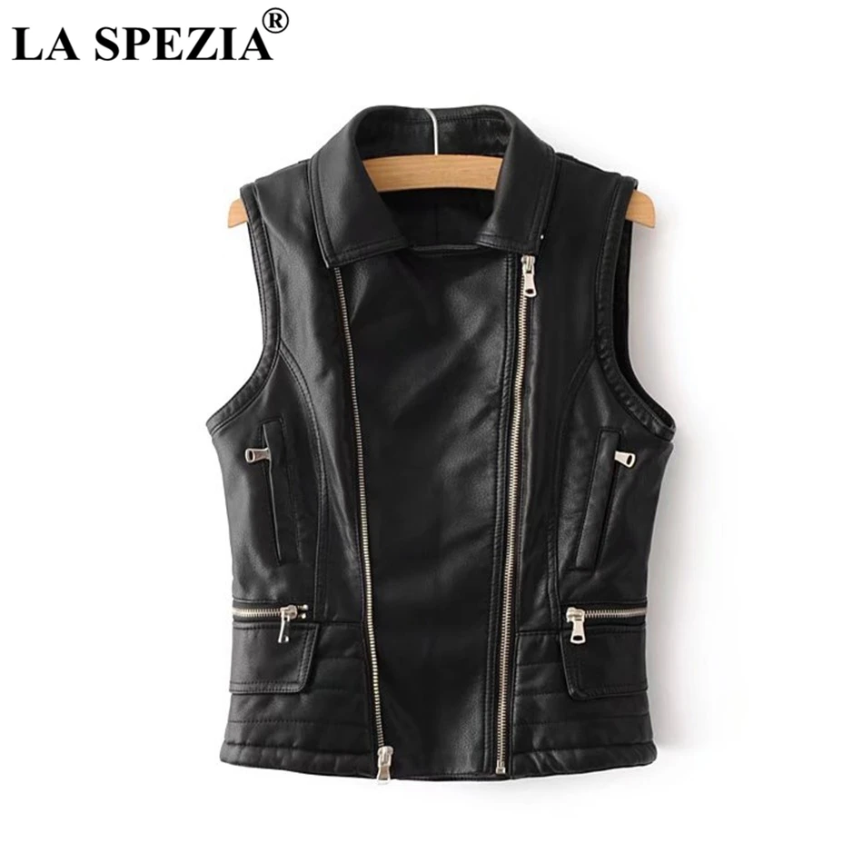 LA SPEZIA Black Waistcoat Women Biker Punk Vest Female Zipper Pockets Faux Leather Slim Fit Motorcycle Autumn Sleeveless Jacket