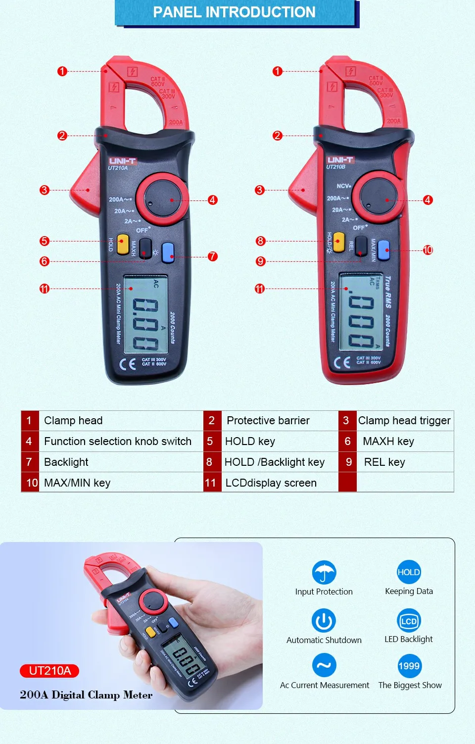 UNI-T UT210B мини токовые клещи 2A/20A/200A Цифровой мультиметр переменного тока измерения с диодом тесты и подсветка дисплей