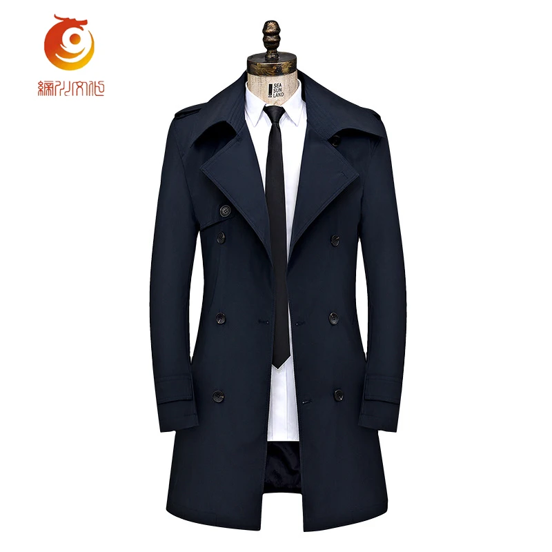 Navy Blue Trench Coat Mens Overcoat Fashion New Long Trench Coat Men Double breasted Casual Slim