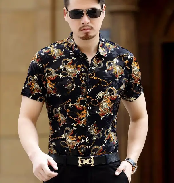 Chinese Style Dragon Pattern Print Silk Business Casual Short Sleeve ...