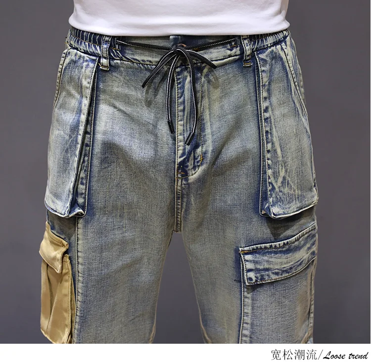 Осень-зима, модные мужские джинсы в стиле панк, штаны для бега с большим карманом на лодыжке, брюки-карго в стиле хип-хоп, мужские джинсы