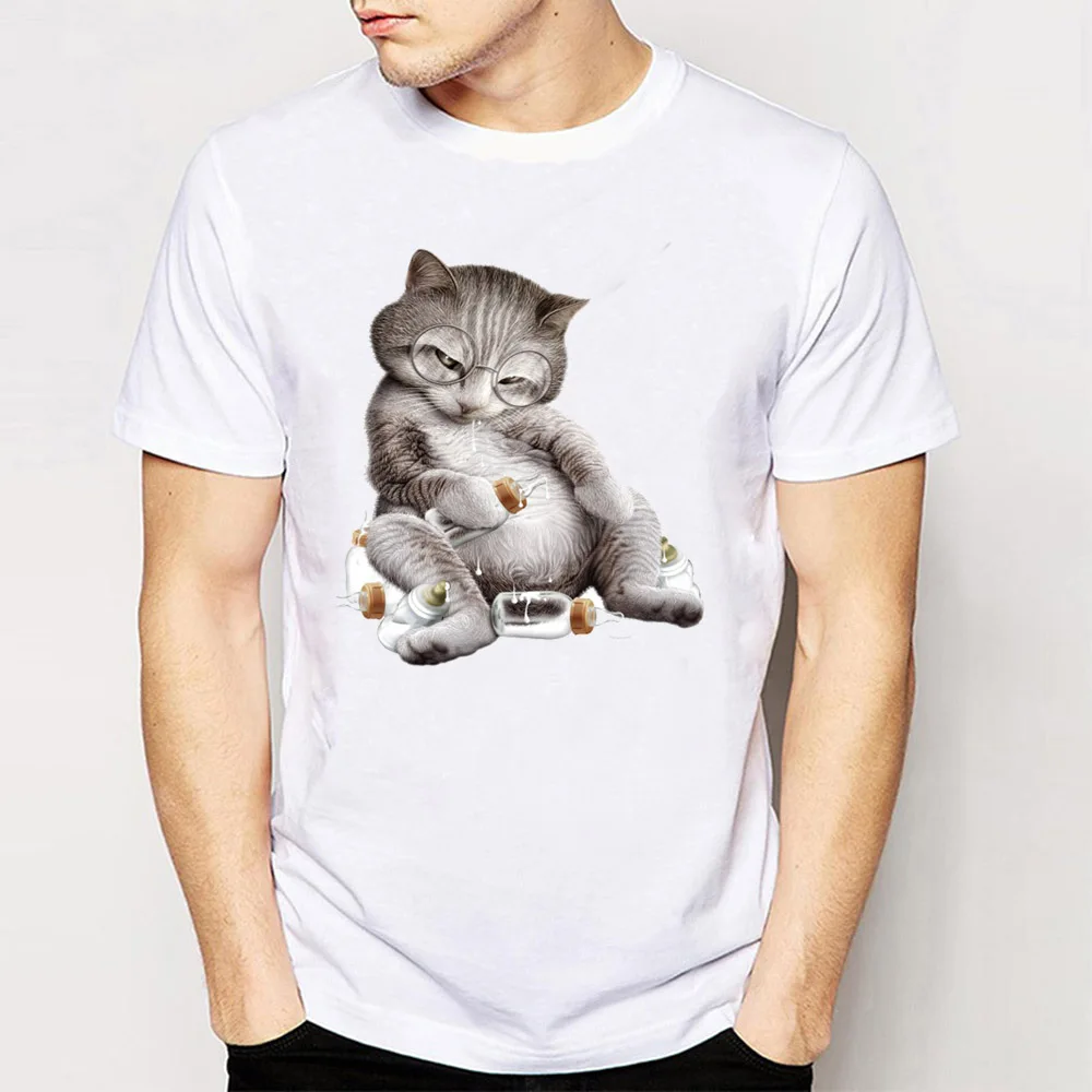 2017 Nuova Estate Uomini Di Modo Manica Corta T Shirt Ubriaco Gatto