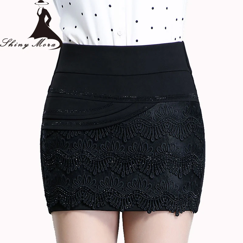 

SHINYMORA 2017 Summer Women Shorts Skirs New European Ladies Mini Skirts High Waist Elastic with Diamond Bodycon Lace Shorts 5XL