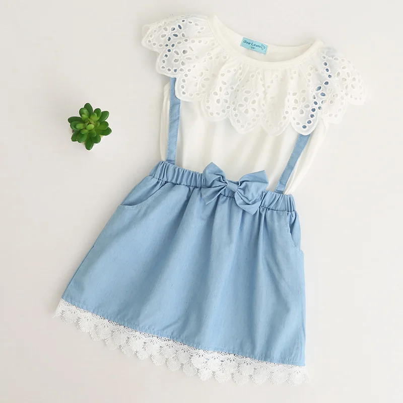 

Nerlero Girls Dress New Spring Summer Bow Ruffles Kids Clothes Round Neck Lace Children Clothing Cute Girls Straight Denim Dress