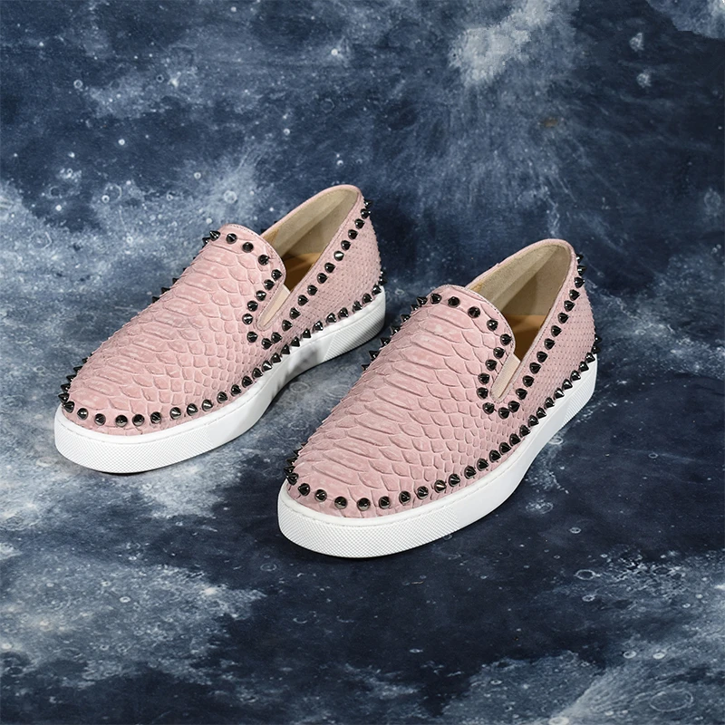 

Crocodile Pattern Rivets Women Leather Runway Low Top Sneakers Summer Slip on Flats Casual Shoes Luxury Party Shoes Round Toe