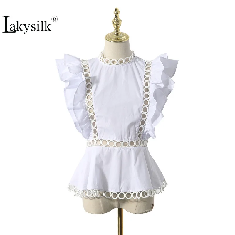 

Women White Shirt Blouses Ladies Hollow Cotton Lace Ruffles Sleeveless Blouse Tops Summer 2019 Design Black