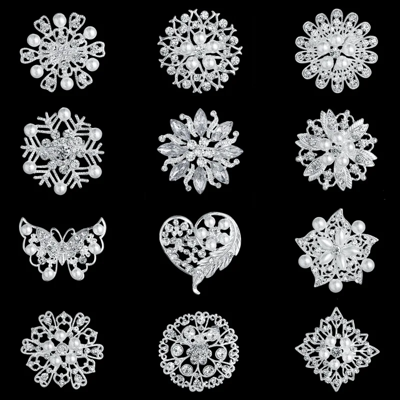 

baiduqiandu 12pcs/set Crystal Rhinestones Flower Butterfly Heart Shape Brooches for Wedding Decoration Bouquet Kit Brooch Pins