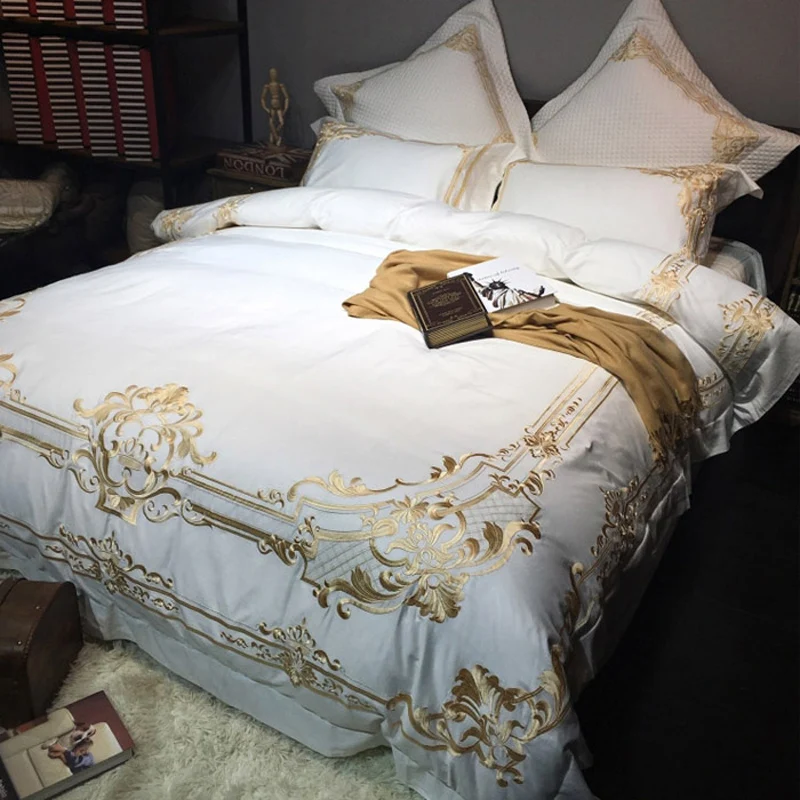 

Luxury golden Embroidery white 100S Egyptian cotton Bedding sets Queen King Royal Duvet cover Bed sheet set Pillowcases 4/6pcs