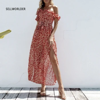 

2019 SELLWORLDER Casual Beach Off Ruffles Shoulder Women Floral Jumpsuit Breaker Split Chiffon Overalls