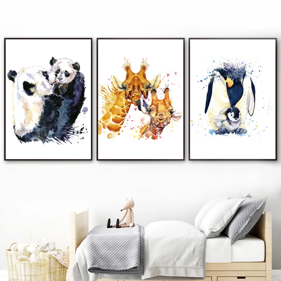 Цветная панда, кролик, пингвин, жираф, лиса, леопард, скандинавские плакаты и печать животных, настенная живопись на холсте, настенные картины для декора