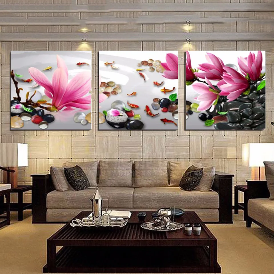

Poster Framework Pictures Home Decor Living Room 3 Panel Fish Stone Flowers HD Printed Modern Canvas Painting Wall Art Modular
