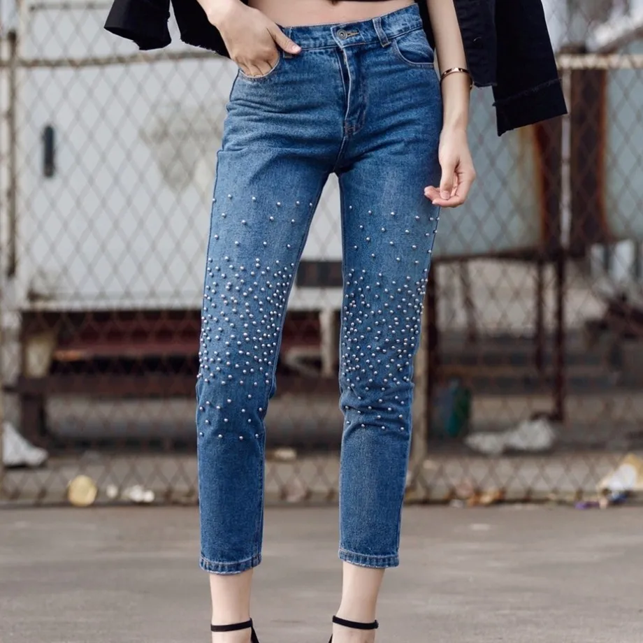 2017 Fashion Leisure Personality Beading Jeans Mid Waist Ankle length