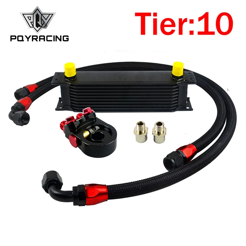 US $60.97 Pqy Universal 10 Rows Oil Cooler Kit Engine An10 Oil Sandwich Plate Adapte With Thermostat 2pcs Braided Hose